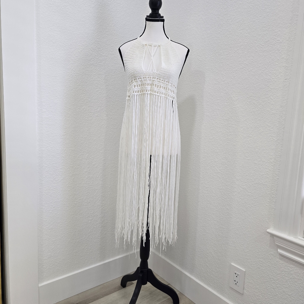 Shein White Swimwear Cover Up Tunic Sundress Frindge Knitted Size Small - Picture 2 of 9